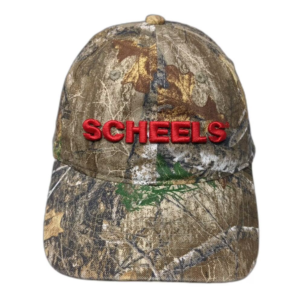 Scheels Snapback Brown Green Camo Hat OS Red Embroidered Logo Sport Adjustable
